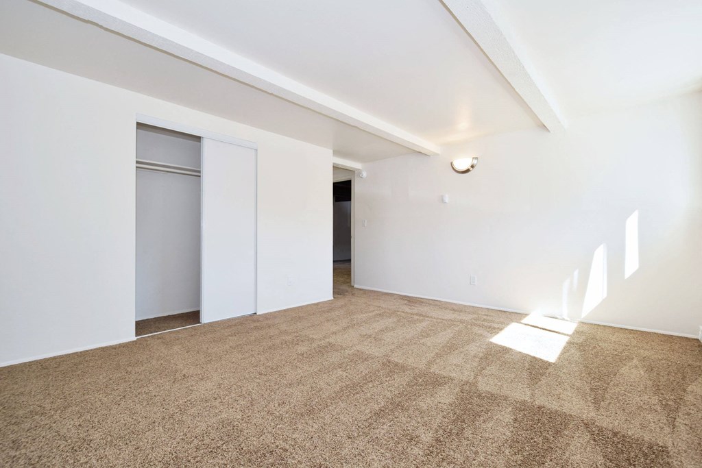a bedroom with white walls and a carpeted floor