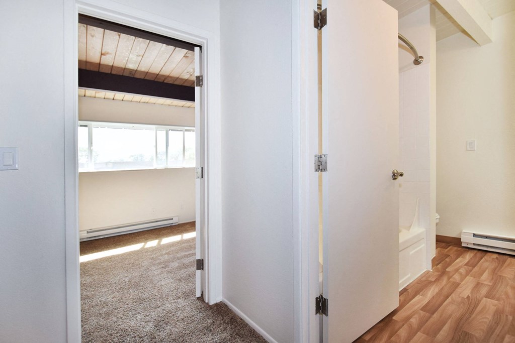 a bedroom with a medium sized bed and a closet with a mirrored door