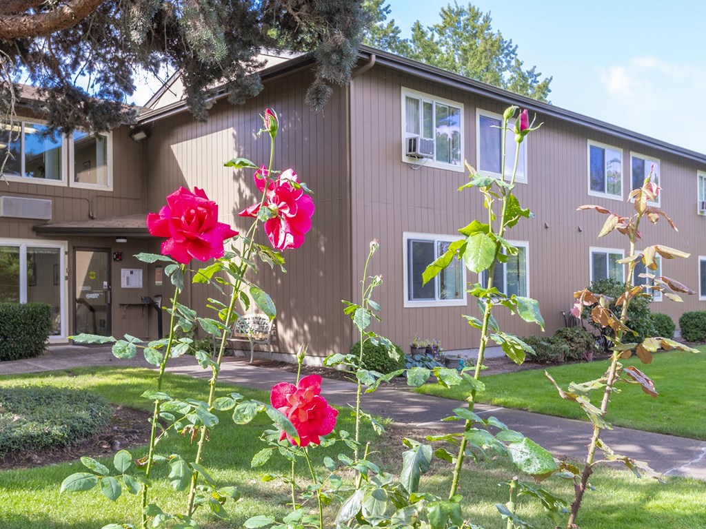 the front of the house with flowers in the yard