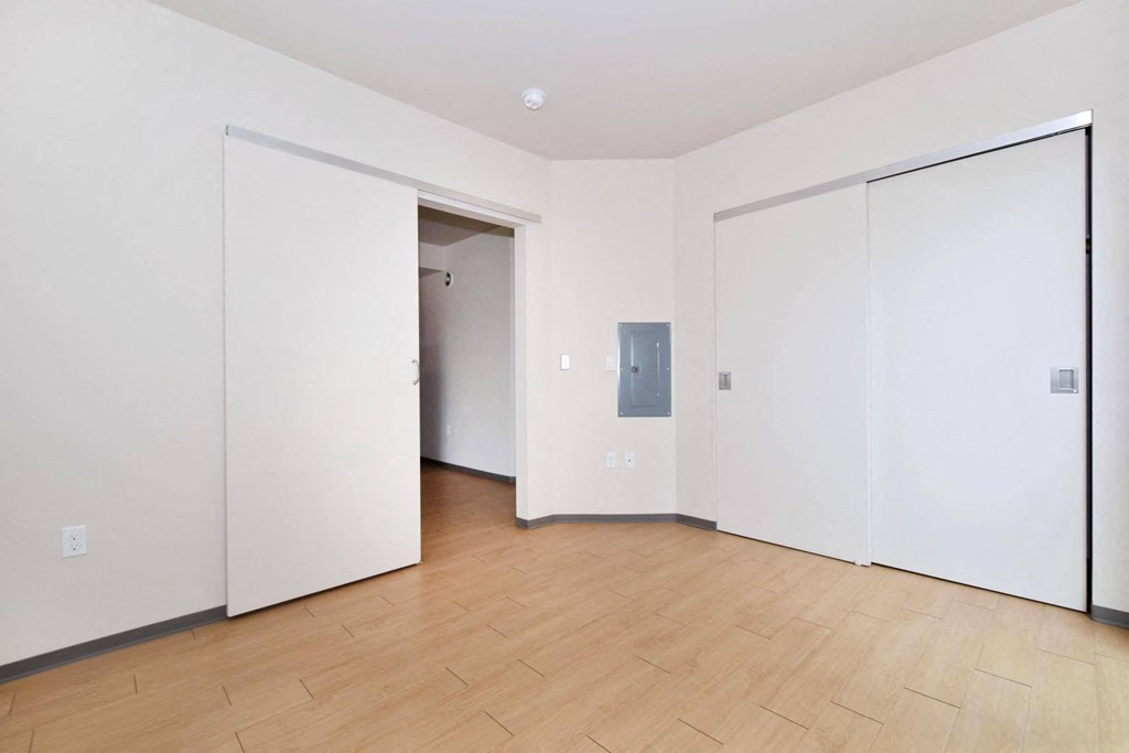 a bedroom with two closets and a hardwood floor