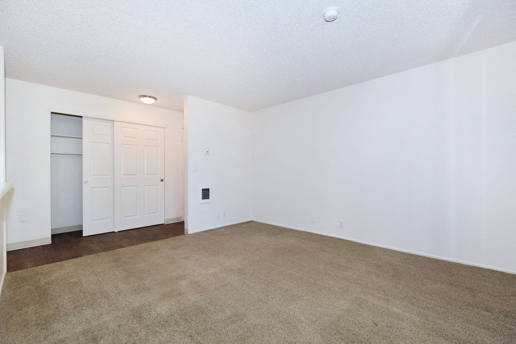 a living room with white walls and a beige carpet