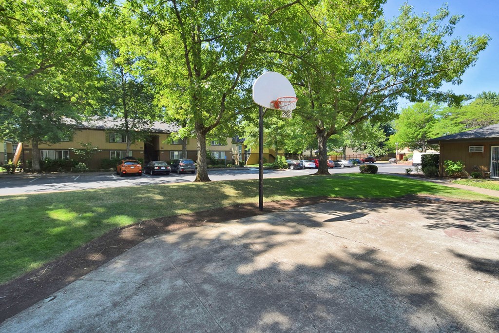a basketball hoop in the middle of a grassy area with houses in the background