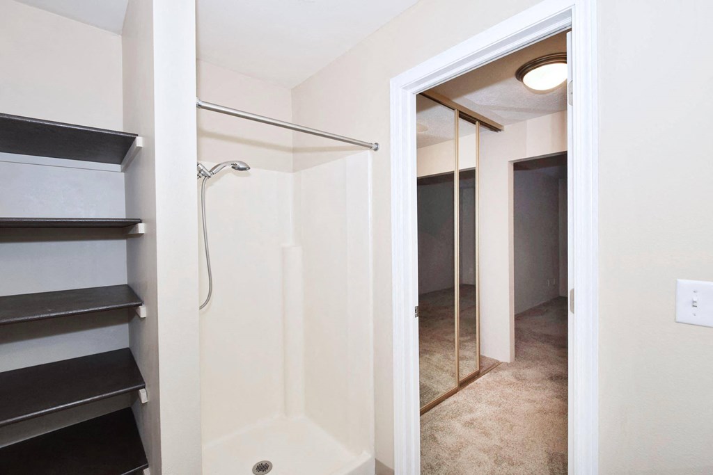 a bedroom with a medium sized bed and a closet with a mirrored door