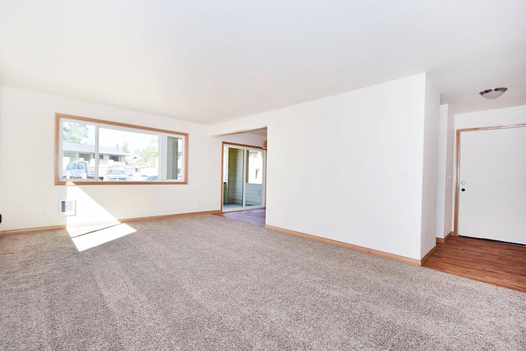a bedroom with a large window and a carpeted floor