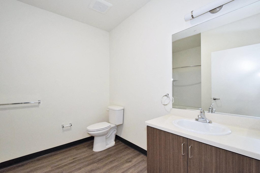 a bathroom with a toilet sink and mirror