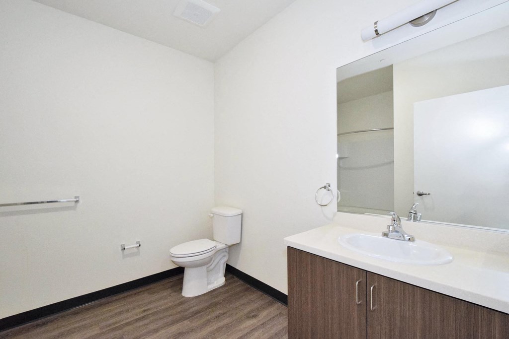 a bathroom with a toilet sink and mirror