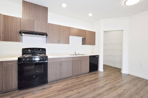 an empty kitchen with black appliances and wooden cabinets