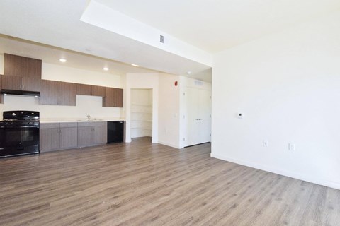 an empty living room and kitchen with white walls and wood flooring