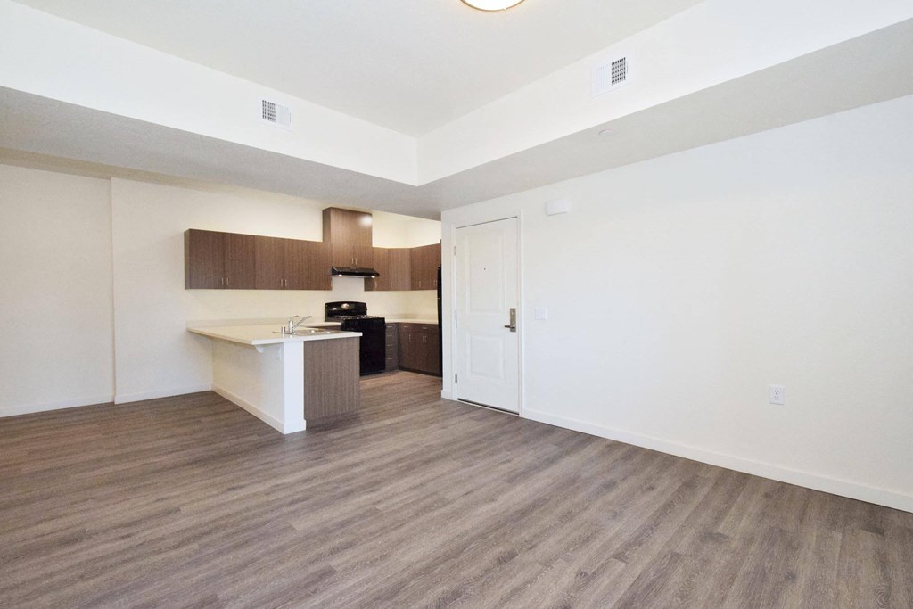 a kitchen and living room in a 555 waverly unit