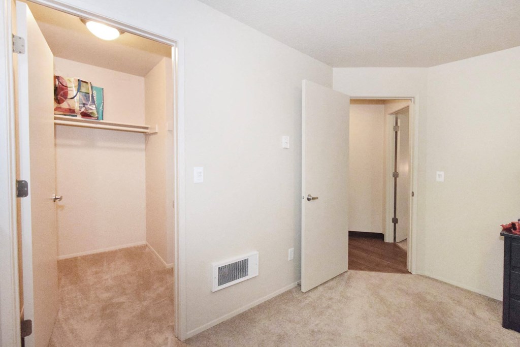 a bedroom with a closet and an open door