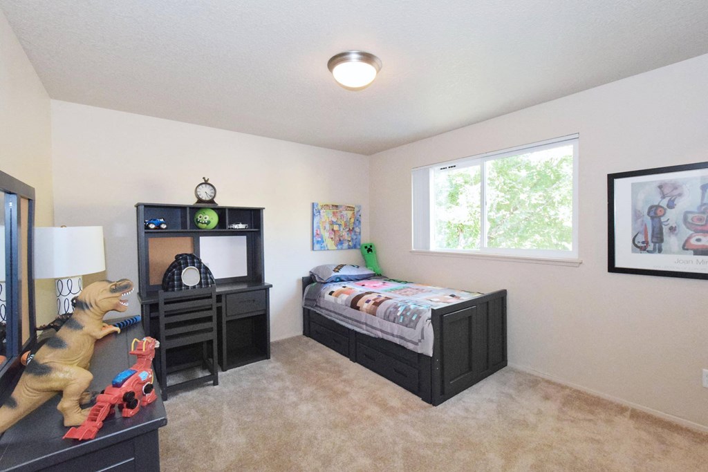 a bedroom with a bed and a dresser