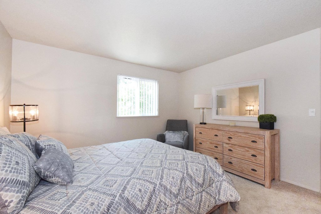 a bedroom with a bed and a dresser