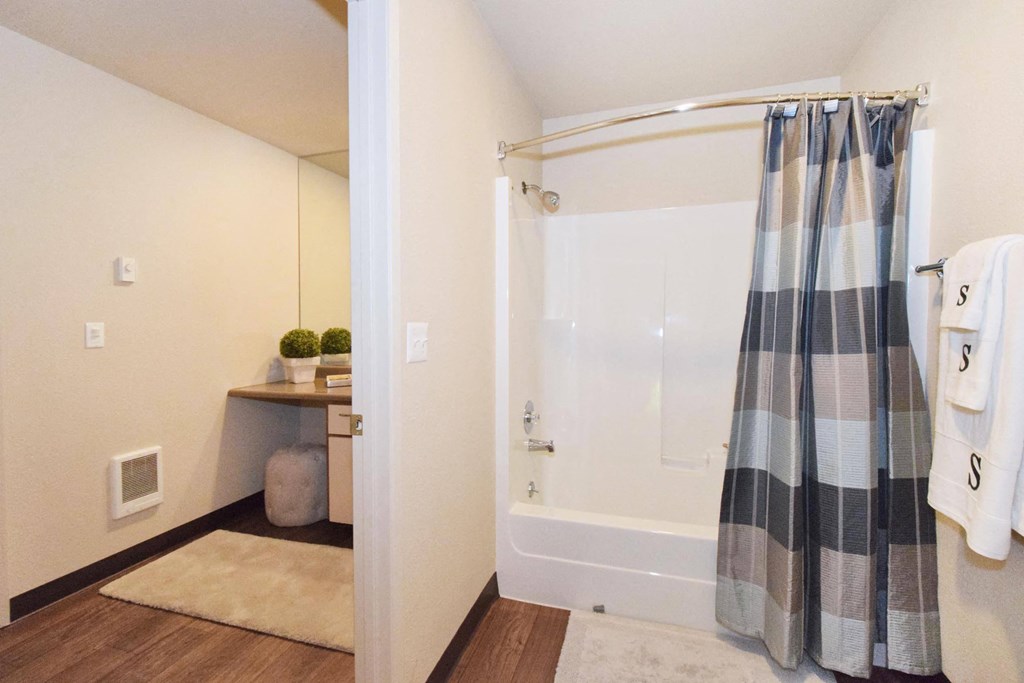 a bathroom with a shower and a sink