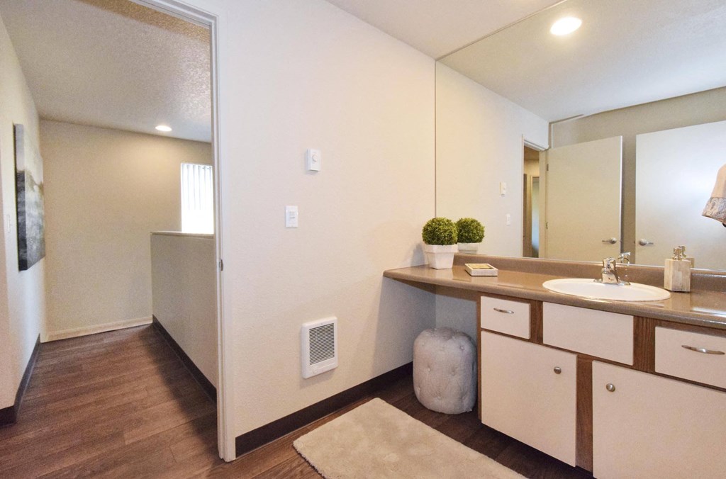 a bathroom with a sink and a mirror