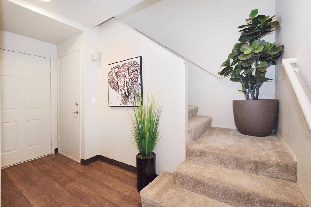 a staircase in a house with a potted plant on the side of the stairs