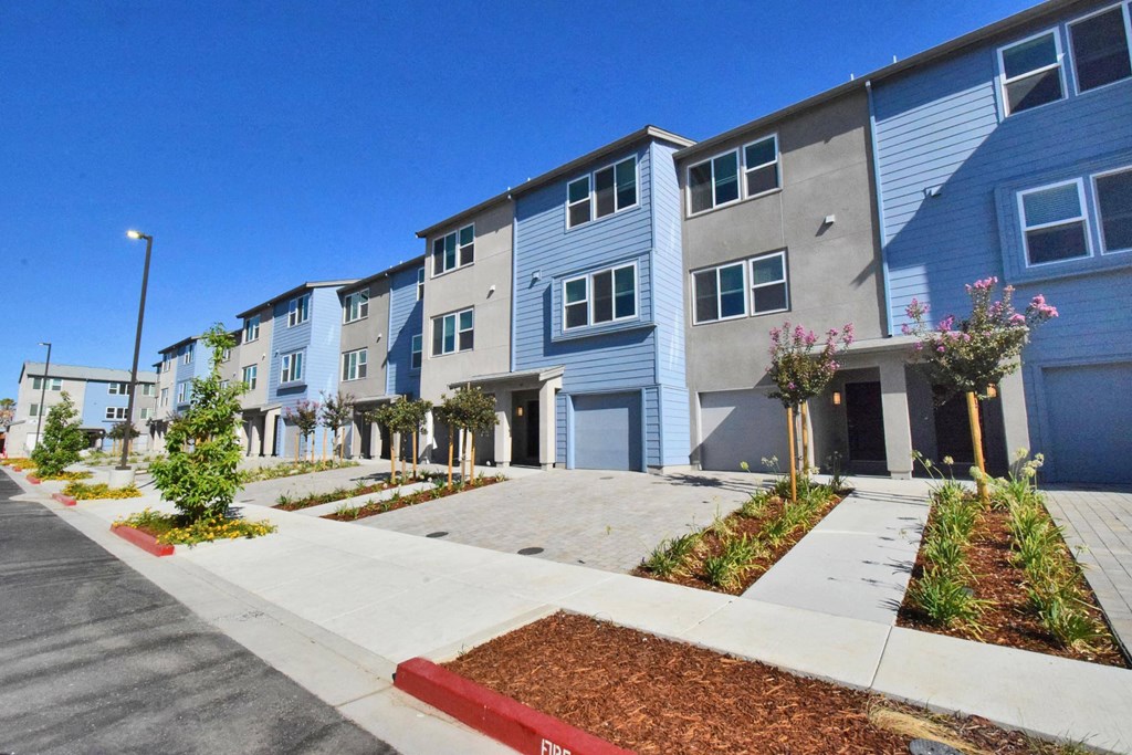 a row of townhomes with blue siding and a sidewalk in front of them