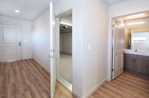 a bedroom and a bathroom with a mirror and a closet