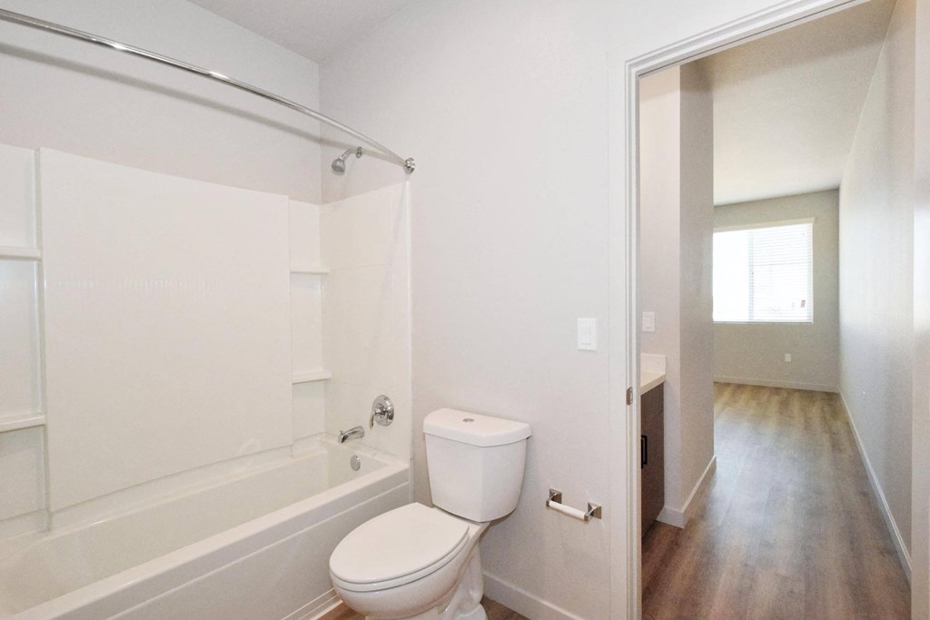 a bathroom with a white toilet next to a white bathtub