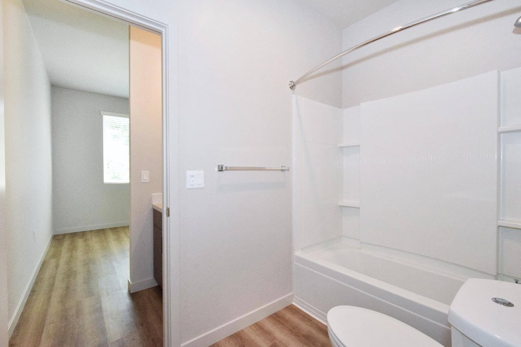 a bathroom with a white toilet next to a white bathtub