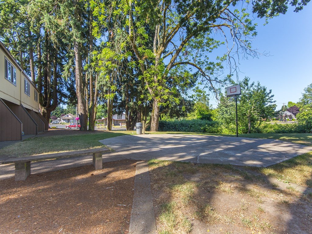 a parking lot with a bench next to a tree