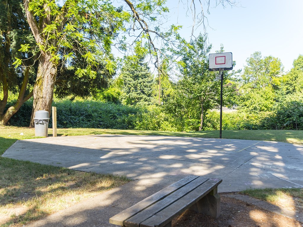 a basketball court in a park with a bench
