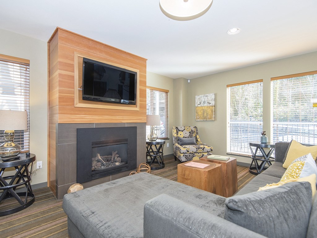 a living room with a fireplace and a couch and a tv