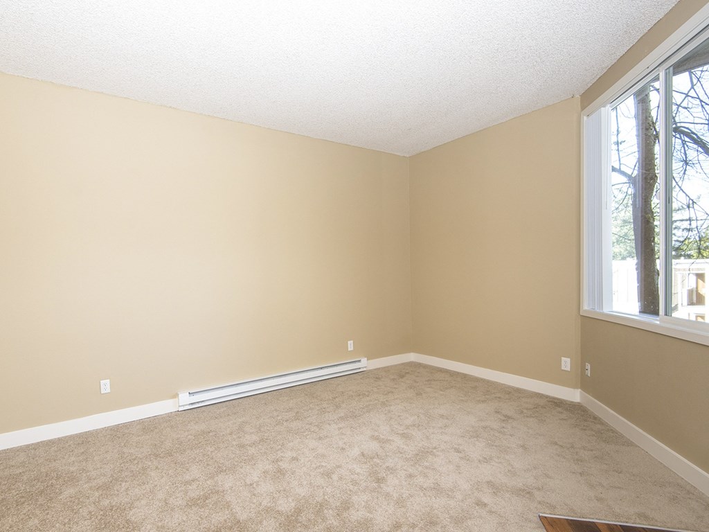 an empty living room with carpet and two windows