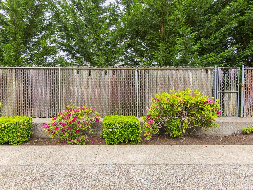 a fence with flowers and bushes in front of it