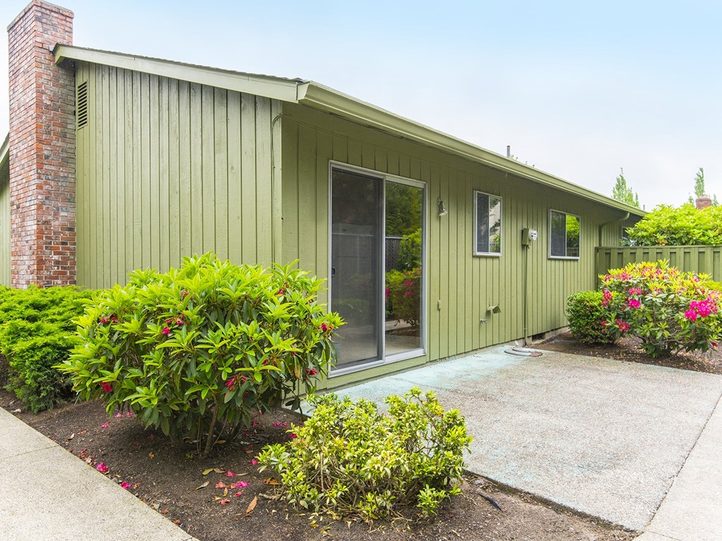 the front of a green house with a sidewalk and plants