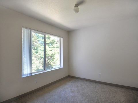 a living room with a large window and a carpet