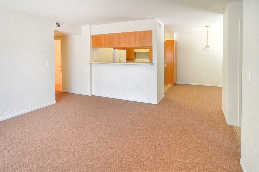 an empty room with a kitchen and a carpeted floor