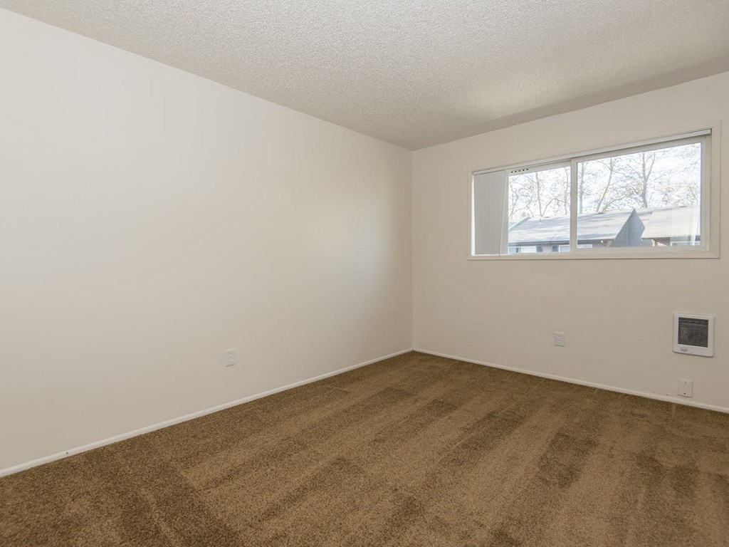 a bedroom with a window and a carpeted floor
