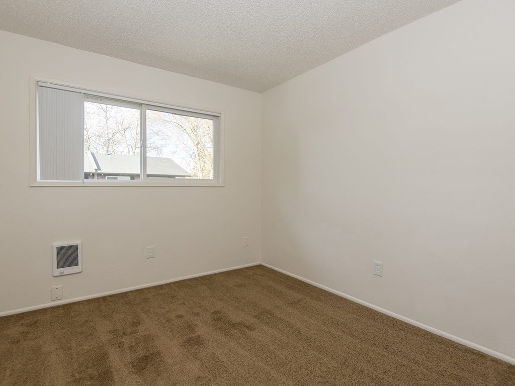 an empty room with a window and a carpet