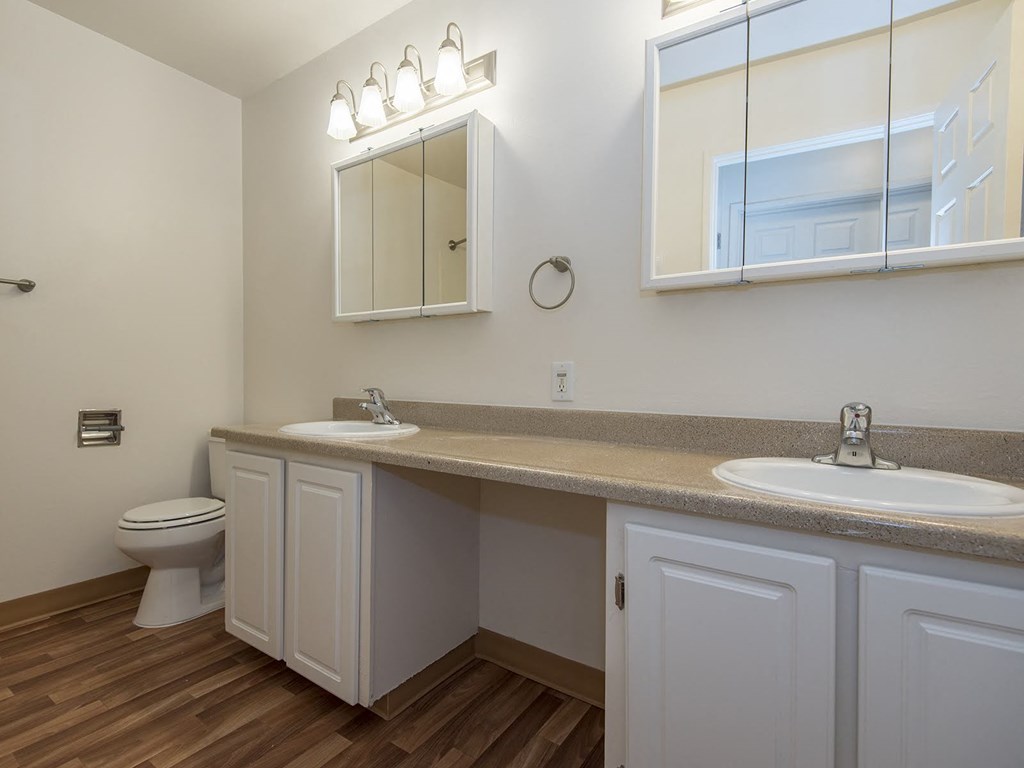 a bathroom with two sinks and a toilet