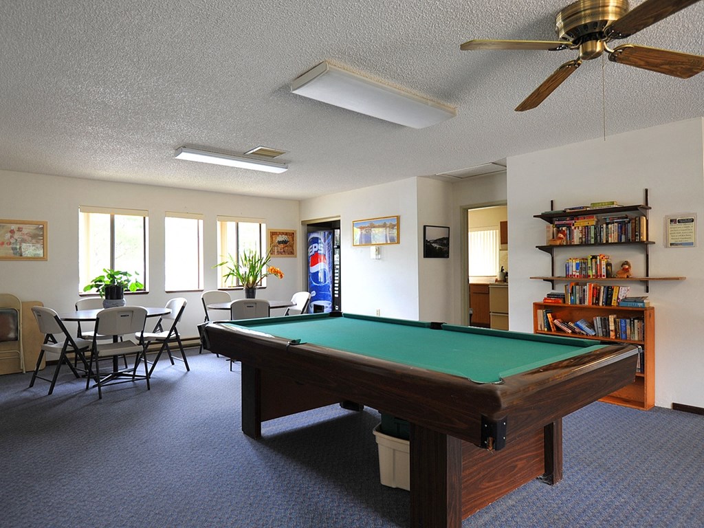 a living room with a pool table in the center
