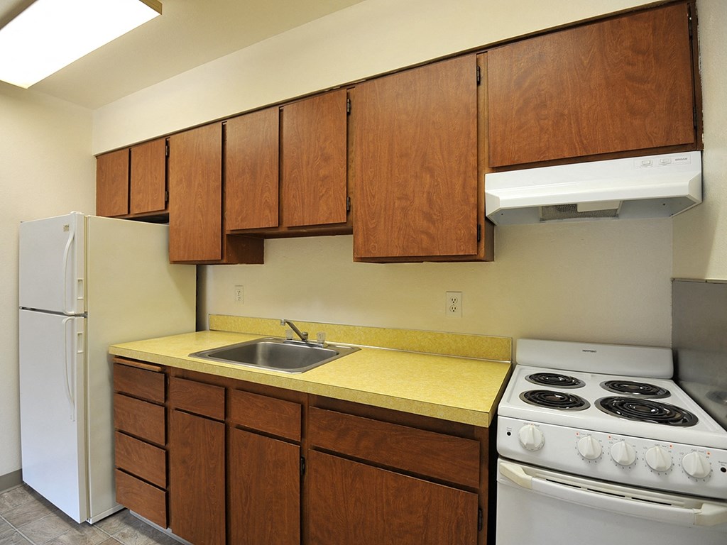 a kitchen with a stove sink and refrigerator