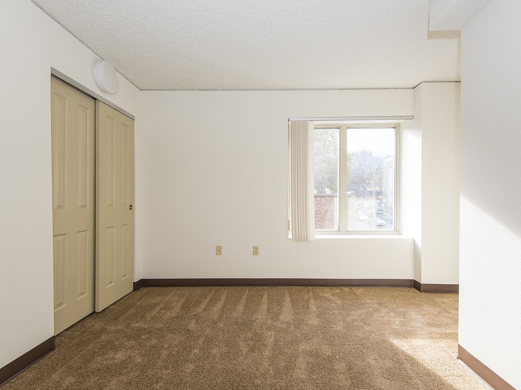 an empty living room with carpet and a window