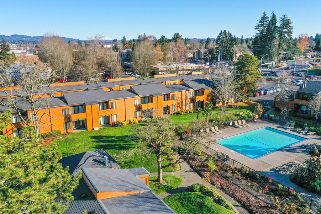 a birds eye view of a neighborhood with houses and a pool