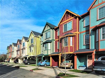 Calico Place multi-colored front facades in Spring