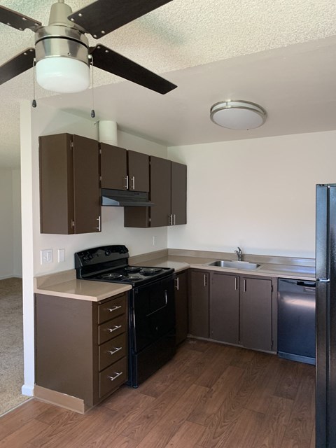 A kitchen with a black stove top oven and a black refrigerator.