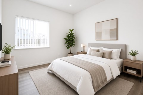 A bedroom with a large bed and a potted plant on the nightstand.