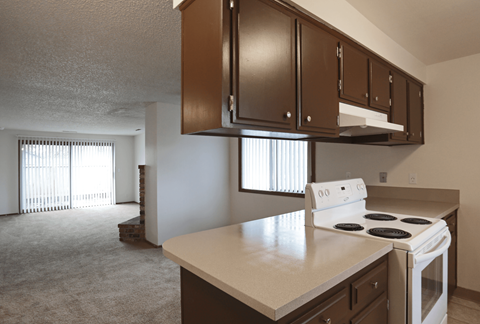 an empty kitchen and living room with a stove and cabinets