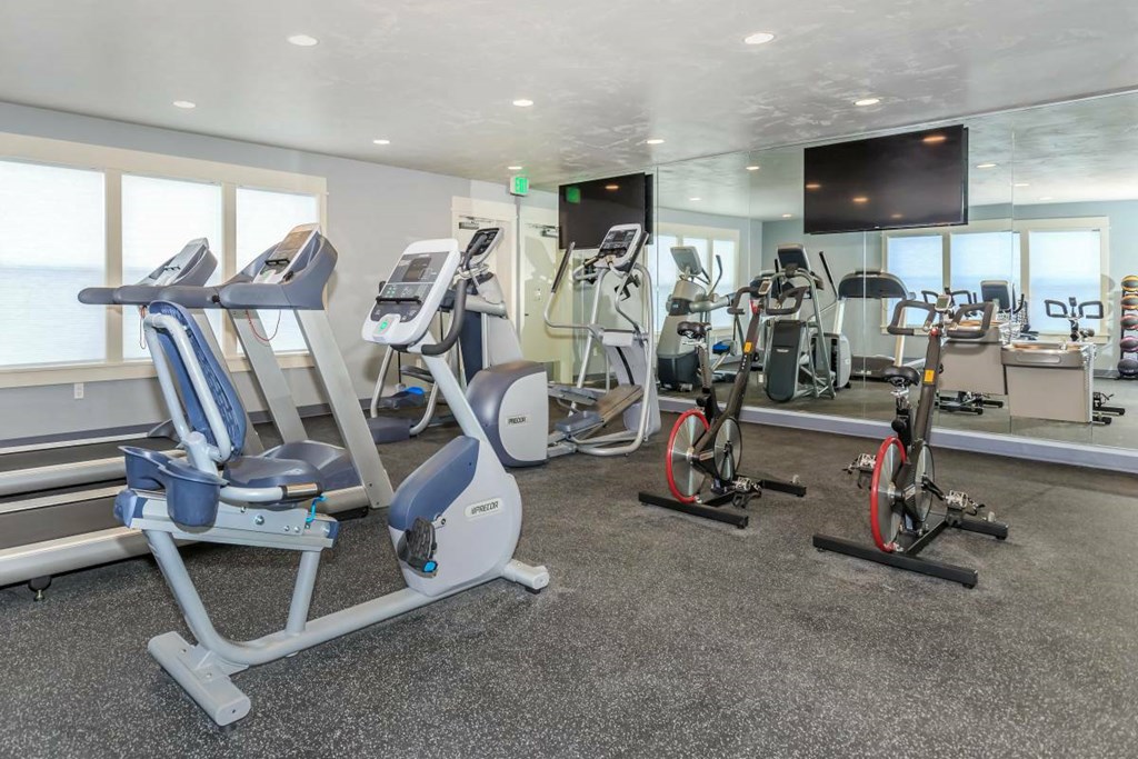 a gym with various cardio equipment and treadmills