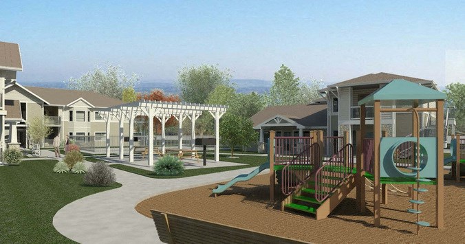 a rendering of a playground with a pavilion and houses in the background