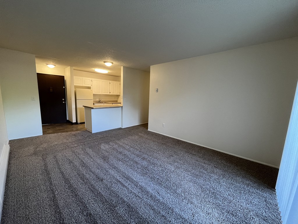an empty living room with a kitchen in the background