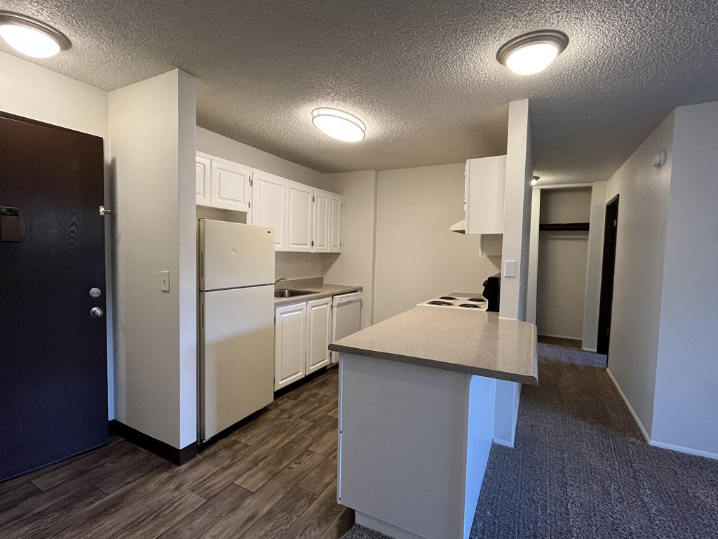 a kitchen with white cabinets and white appliances