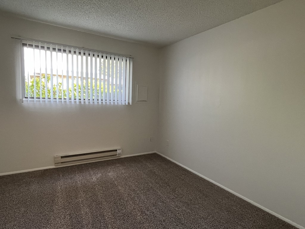 an empty bedroom with a window