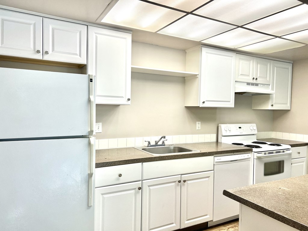 a kitchen with white cabinets and a sink and a refrigerator