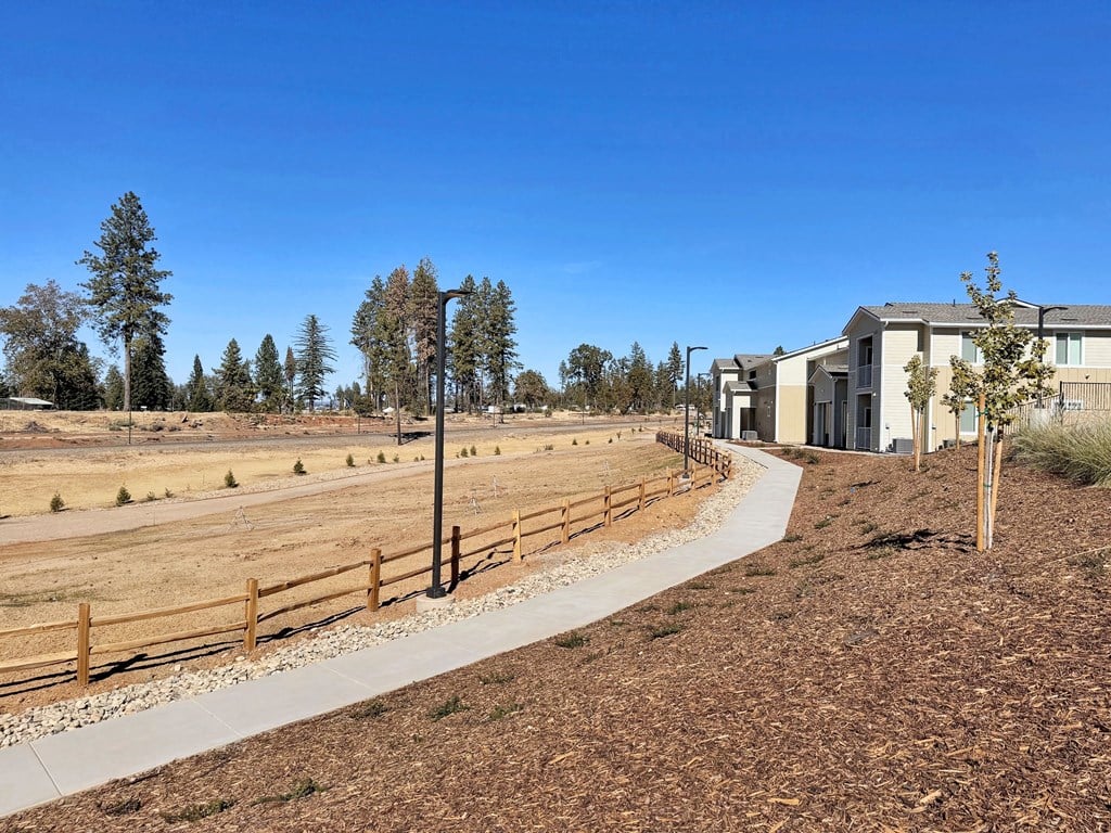 a view of a yard with a wooden fence and houses in the background