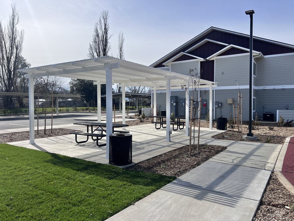 A white canopy provides shade for a picnic table and benches in a park-like setting.
